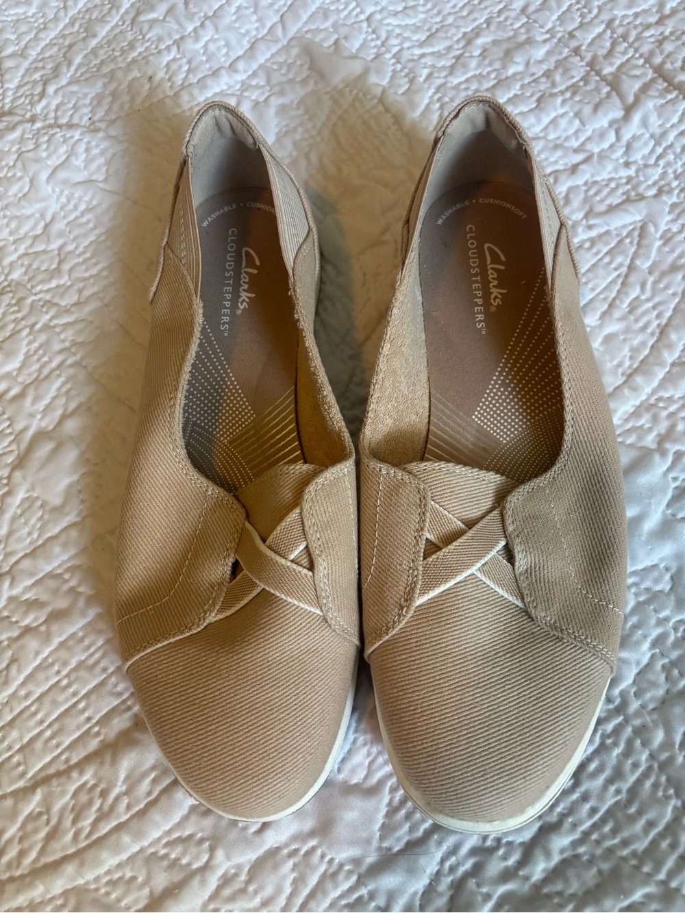 Clarks Women’s Tan Slip-On Flats with Elastic Cross Strap